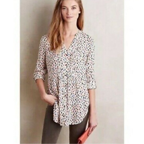 Anthropologie Maeve Calia Top Hat Pintuck V Neck Cream Red Orange Blue Blouse 2 - Picture 1 of 16